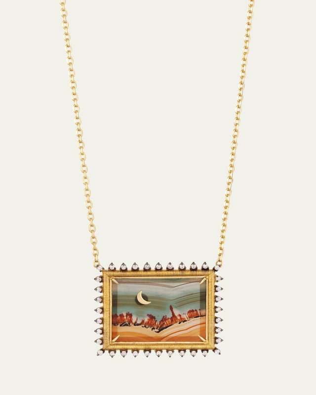 18K Yellow Gold Agate Landscape Necklace with Diamonds and Gold Moon Detail